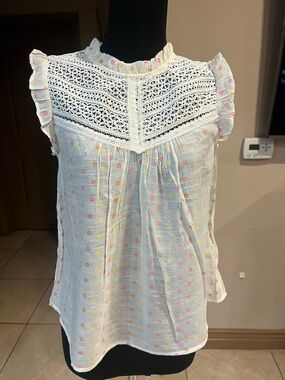 mine White Crochet Yoke Sleeveless Top with Pink and Yellow Dot Print